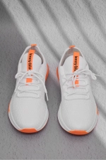 Men Women White and Orange Breathable Lightweight Mesh Running Sneakers Photograph-2